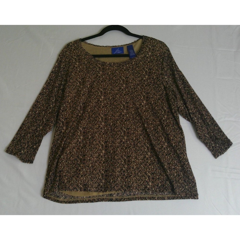J.H. Collectibles Women 2X Blouse Brown Animal Print Mesh 3/4 Sleeve Scoop Neck